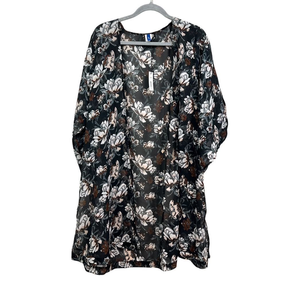 Apt 9 Women Floral Kimono Linear Topper Open Semi Sheer Flare Sleeve Black OS*